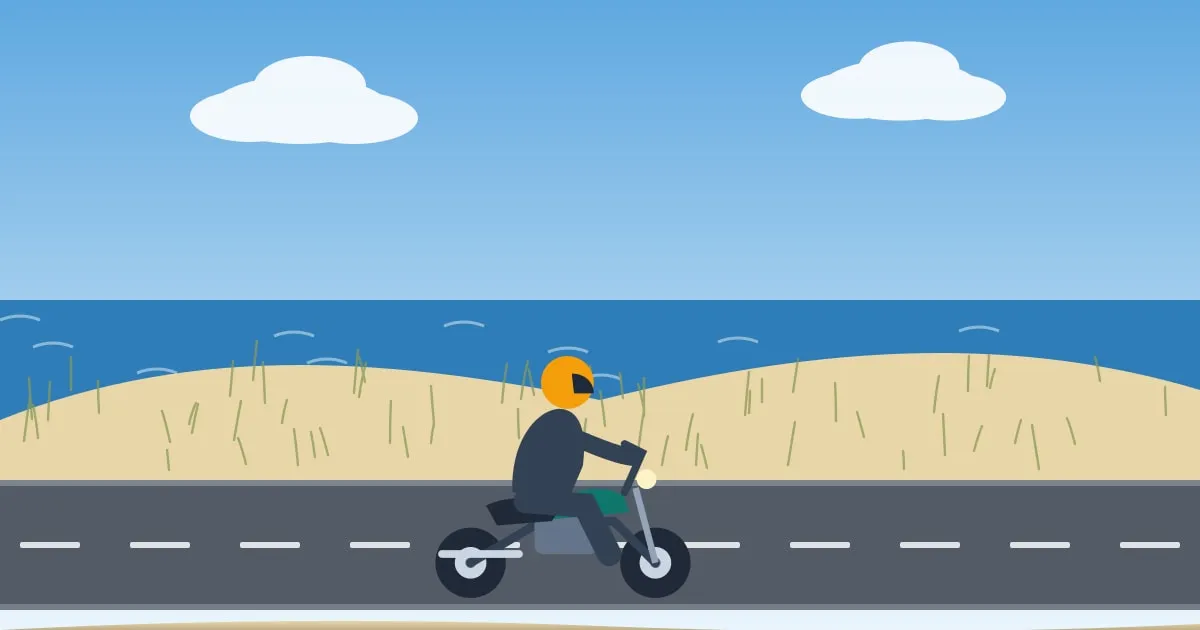 Illustration of a motorcycle on a lakeside road along the Great Lakes with sand dunes and a summer sky