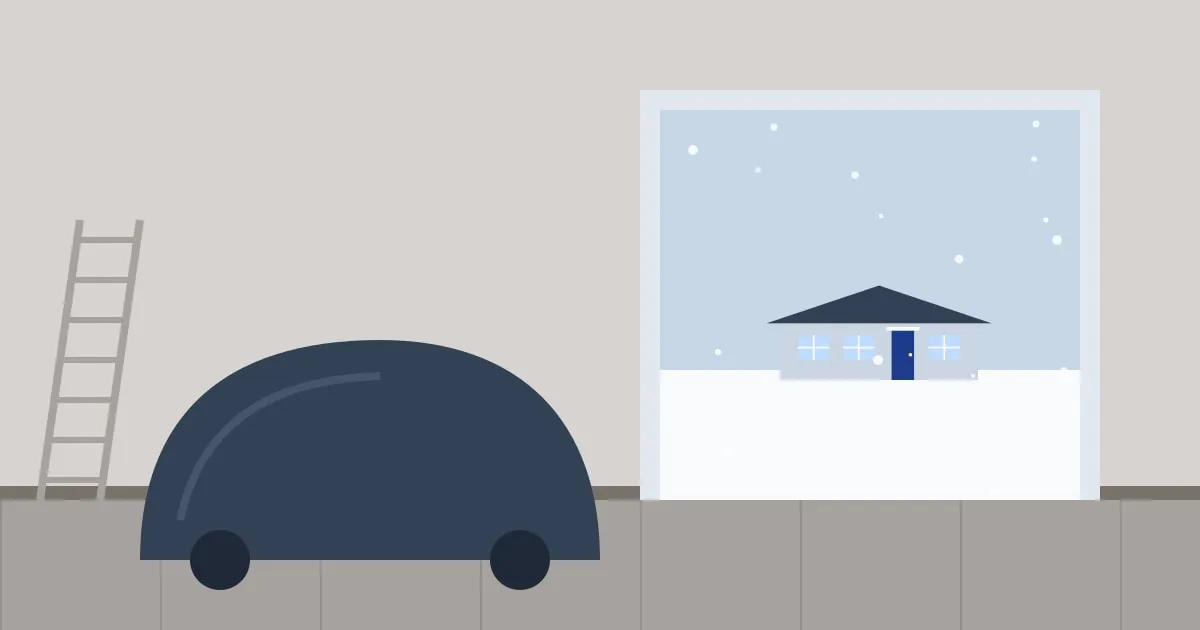 Illustration of a motorcycle under a fitted cover stored in a home garage for winter, snow visible outside