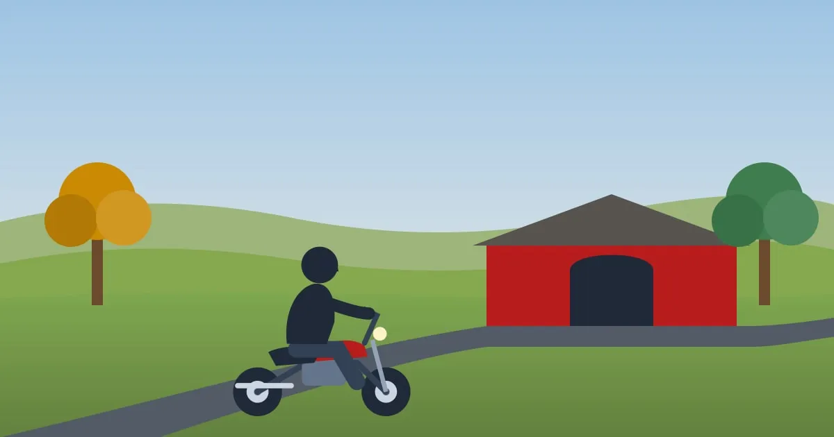 Illustration of a motorcycle on a winding country road near a red covered bridge in rolling Appalachian hills