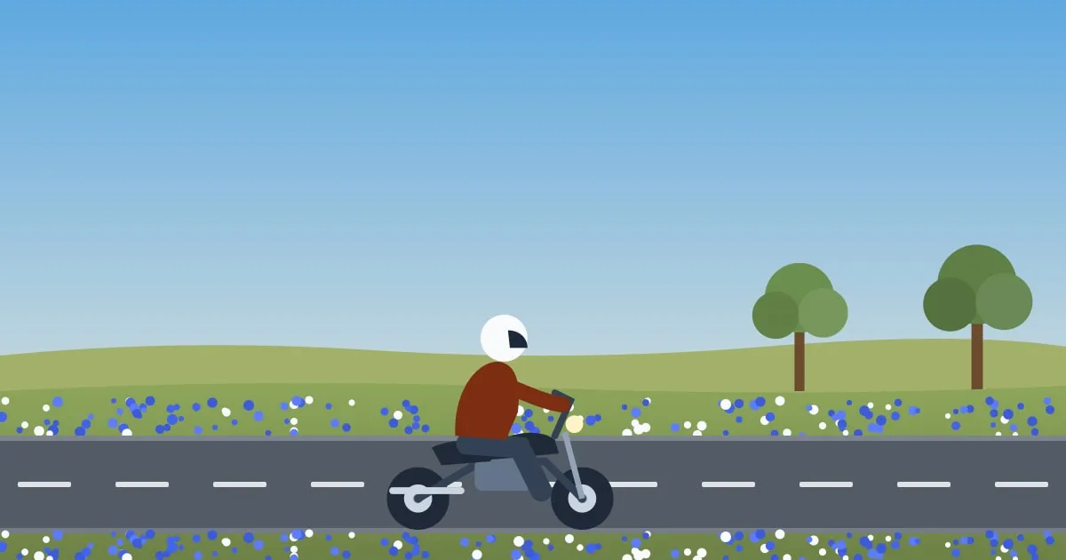 Illustration of a motorcycle on an open Texas highway past roadside bluebonnet wildflowers