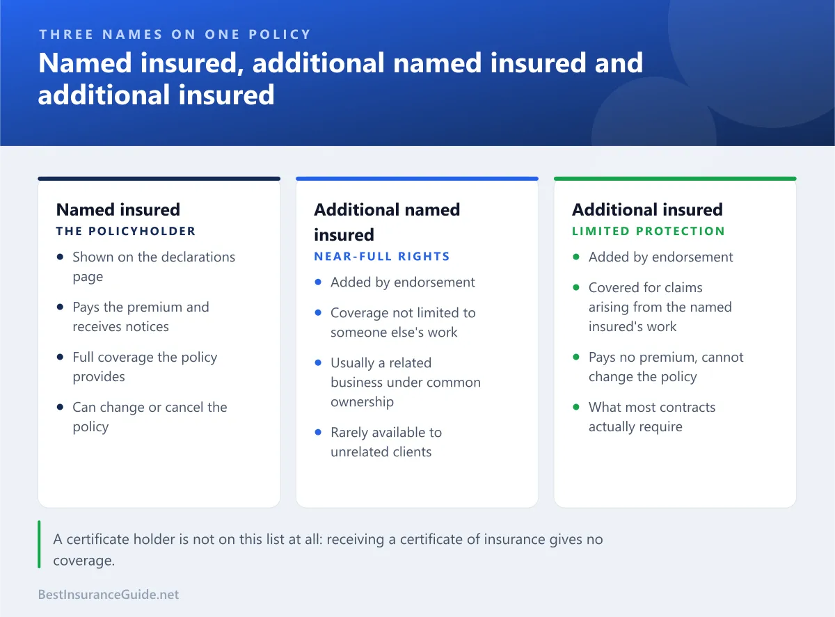 Comparison of the rights of the named insured, an additional named insured and an additional insured under a business liability policy