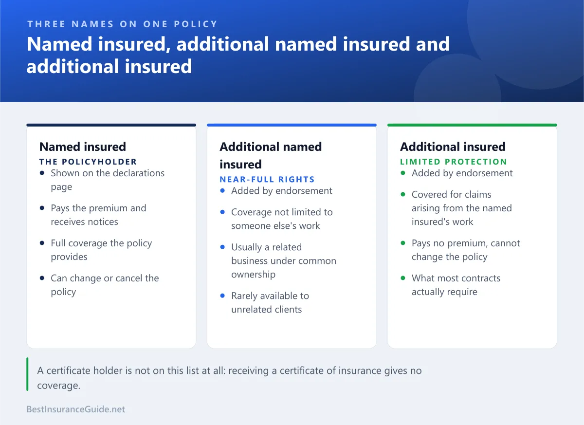 Comparison of the rights of the named insured, an additional named insured and an additional insured under a business liability policy