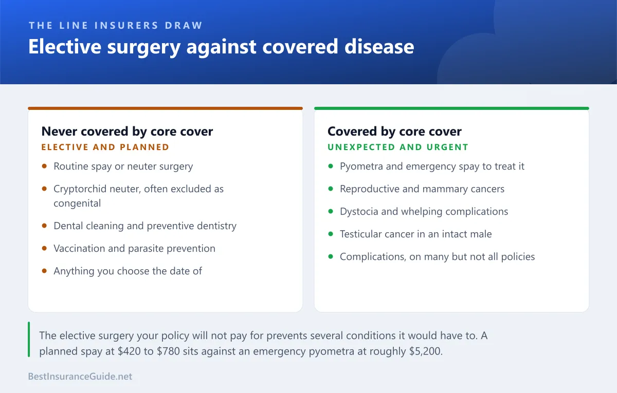 Comparison panel showing why elective procedures like spay and neuter sit in a wellness rider while unexpected complications and reproductive disease sit in the core policy