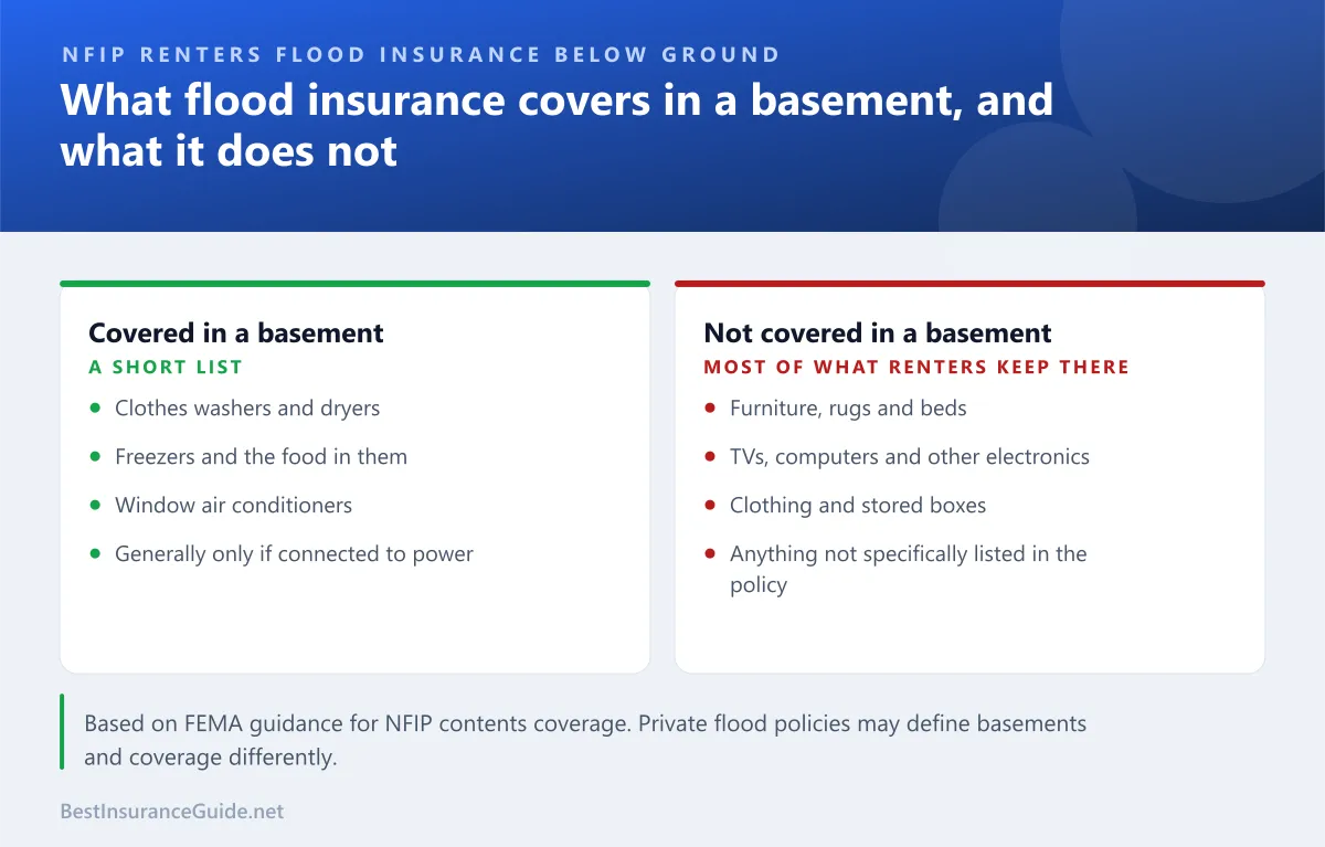 Comparison of which personal belongings NFIP renters flood insurance covers in a basement and which it does not