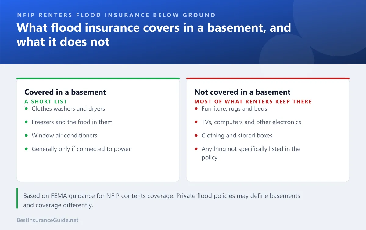 Comparison of which personal belongings NFIP renters flood insurance covers in a basement and which it does not