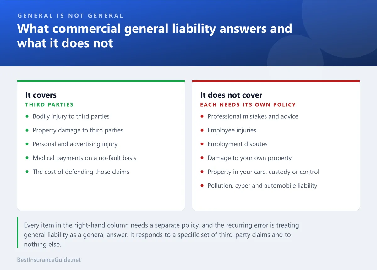 Comparison panel showing what commercial general liability covers and what it does not