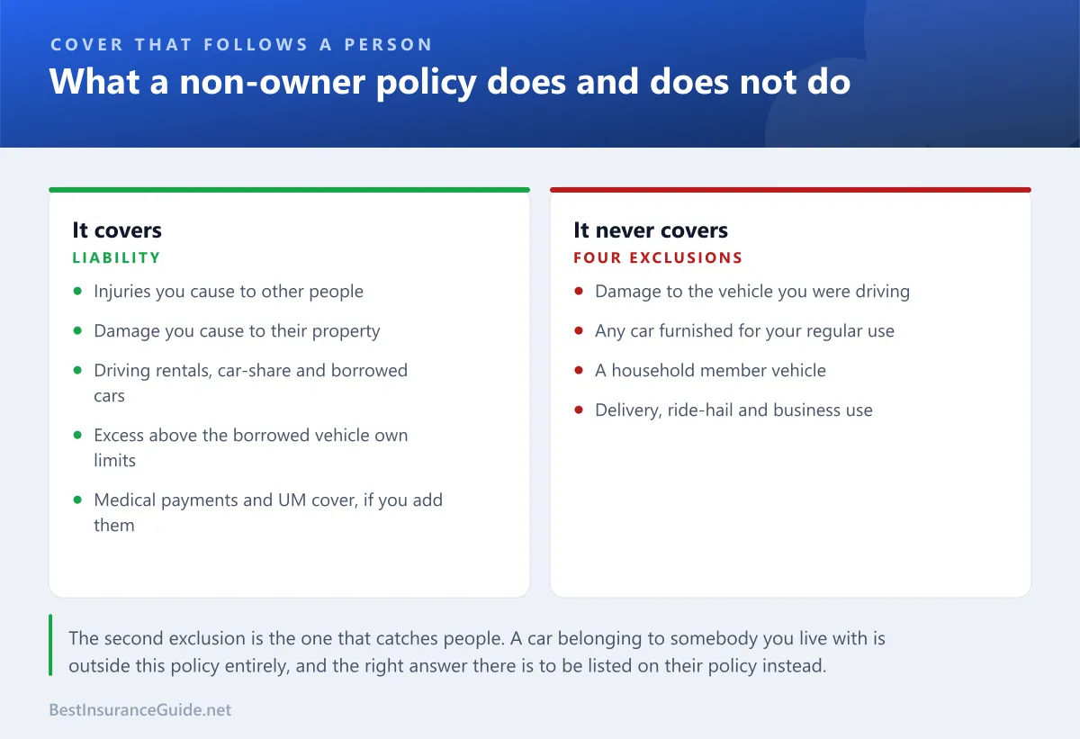 Comparison panel showing what a non-owner car insurance policy covers and the four things it never covers