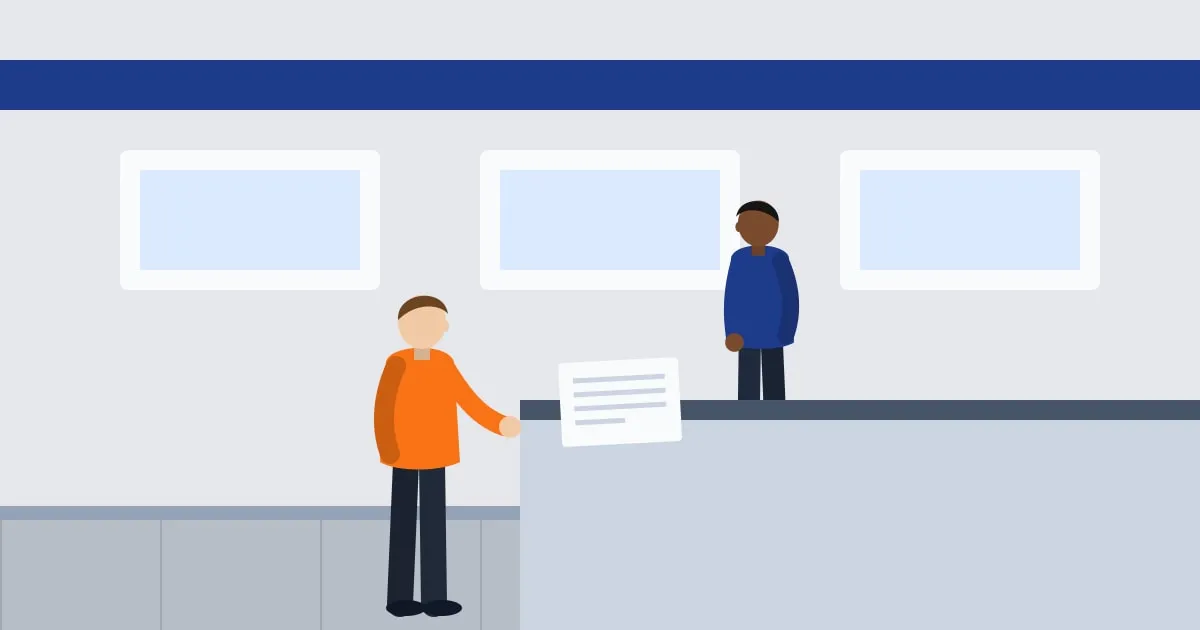 Illustration of a person filling out paperwork at a government office counter