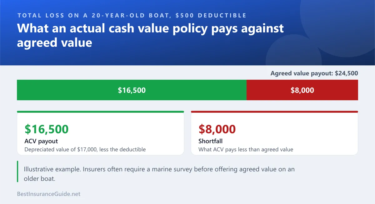 Split showing how an actual cash value payout on an older boat falls short of an agreed value payout after a total loss