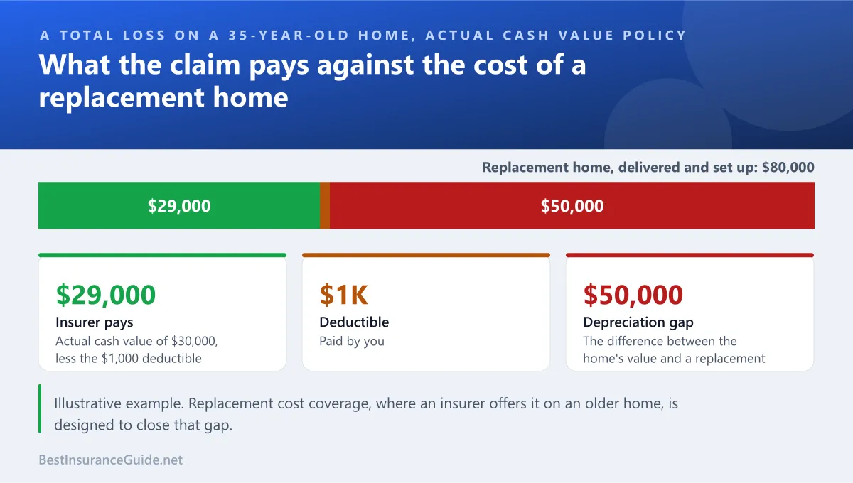 Split bar showing how an actual cash value settlement on an older mobile home compares with the cost of replacing it
