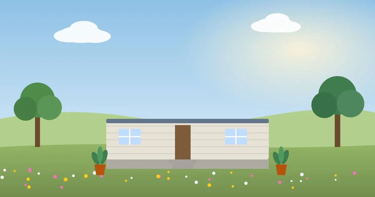 Illustration of an older single-wide manufactured home with a small garden in a quiet rural park