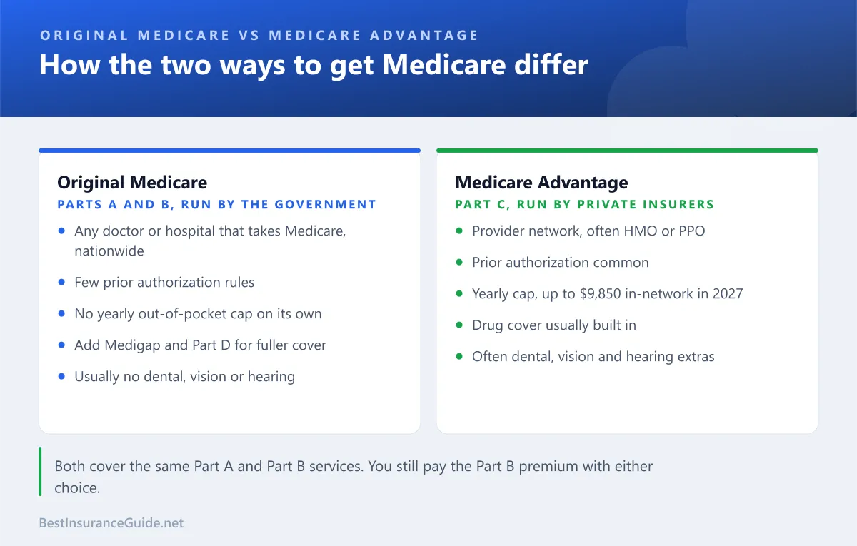 Comparison of Original Medicare and Medicare Advantage: Original Medicare covers any provider that takes Medicare with few prior authorization rules but no yearly cap on its own, while Medicare Advantage uses networks and prior authorization but has a yearly cap and usually includes drug cover and extras