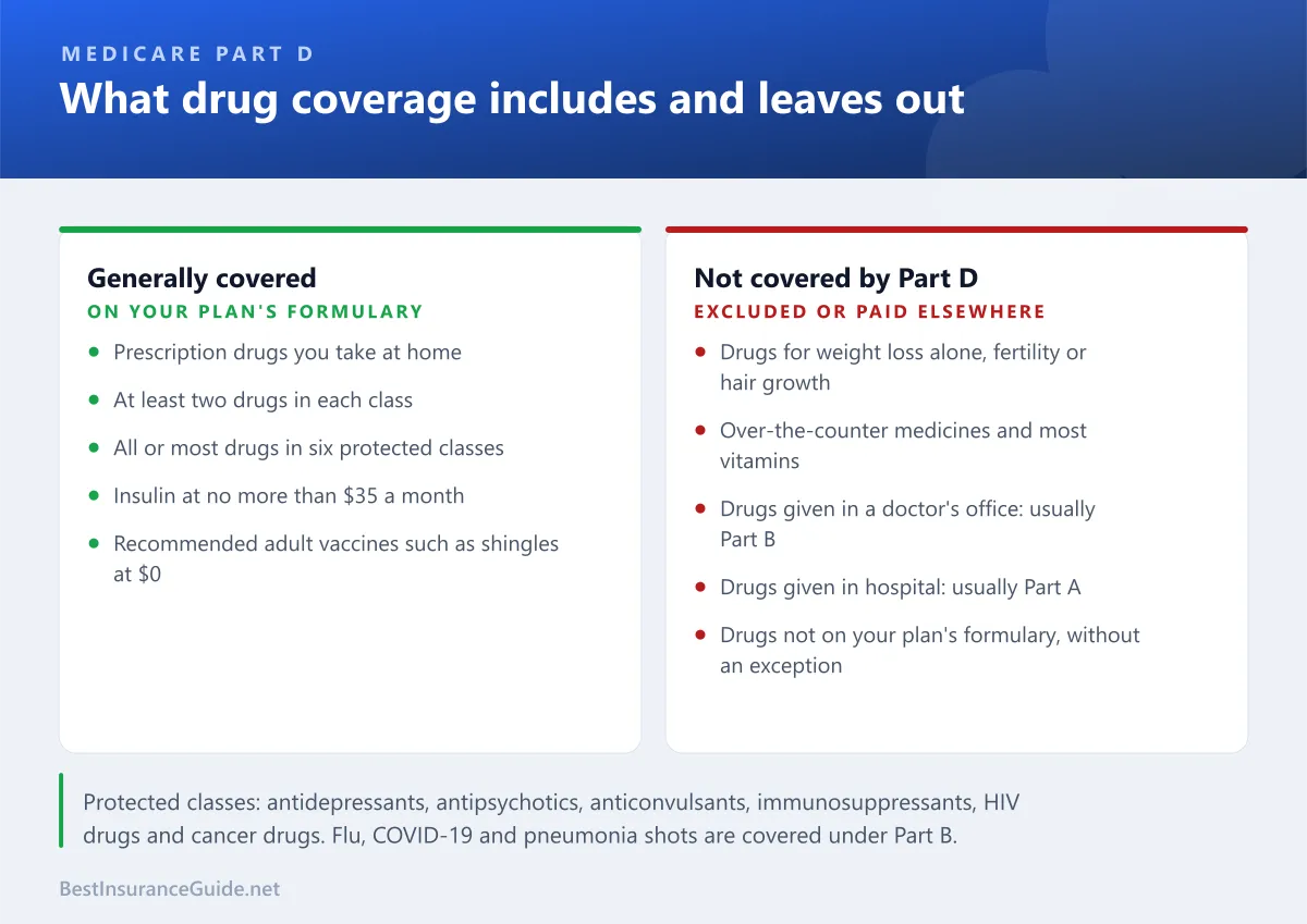 Comparison of what Medicare Part D generally covers, including home prescription drugs, protected classes, insulin and vaccines, and what it excludes or leaves to Parts A and B