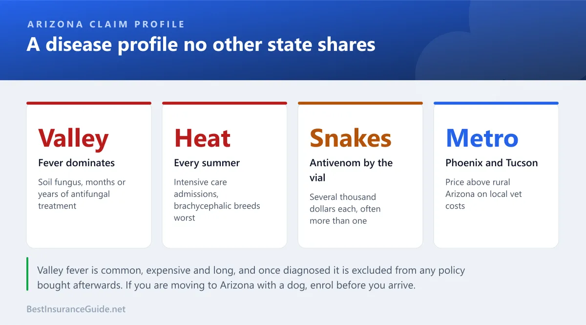 Statistics panel showing the Arizona-specific pet insurance risk profile including Valley fever, heat injury, snake bites and desert hazards