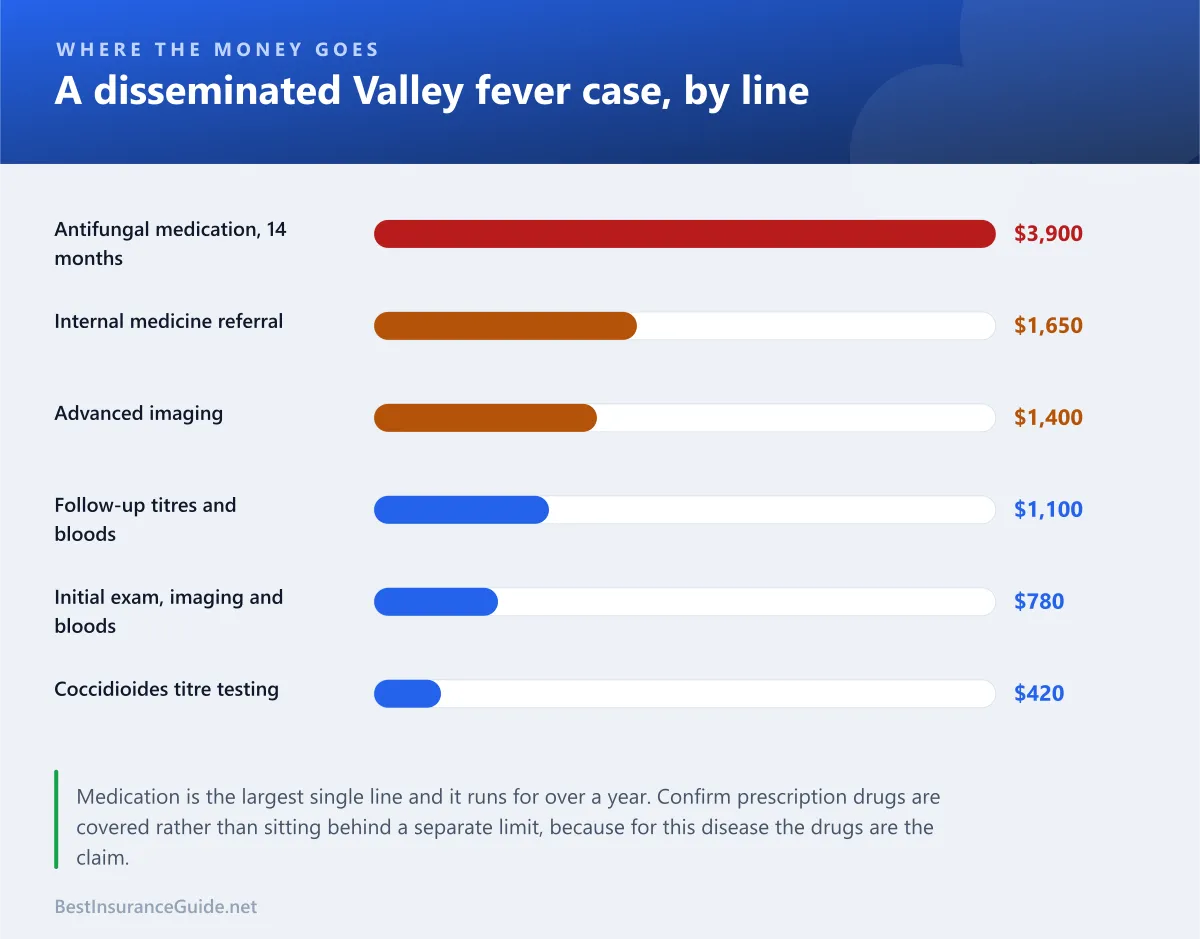 Bar chart breaking a disseminated Valley fever claim into its cost lines, with antifungal medication the largest