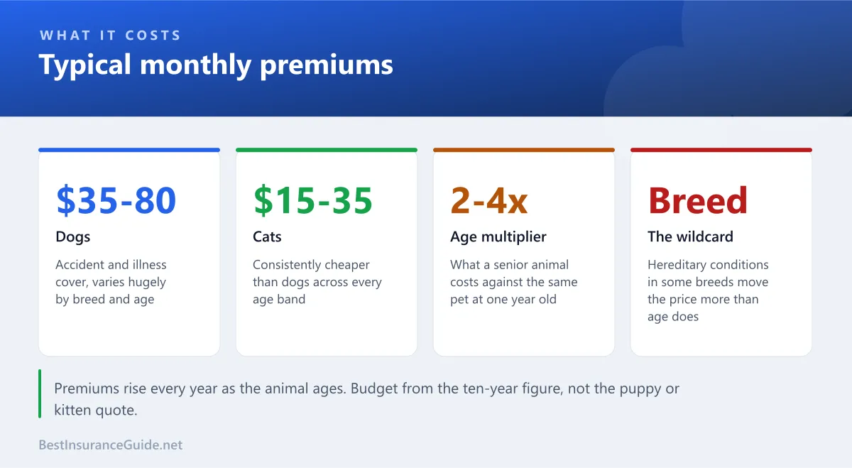 Panel showing typical monthly pet insurance premiums for dogs and cats, the age multiplier, and breed as a wildcard factor