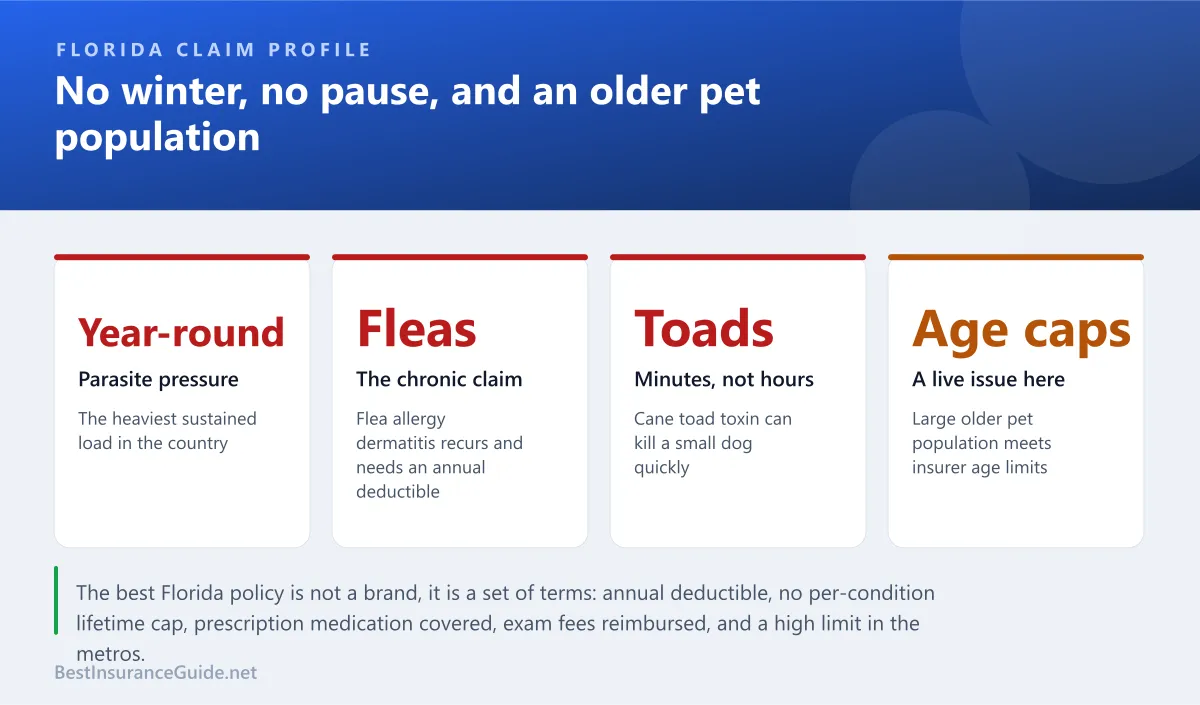Statistics panel showing pet insurance cost drivers in Florida, including metro concentration, year-round parasite pressure and an older pet population