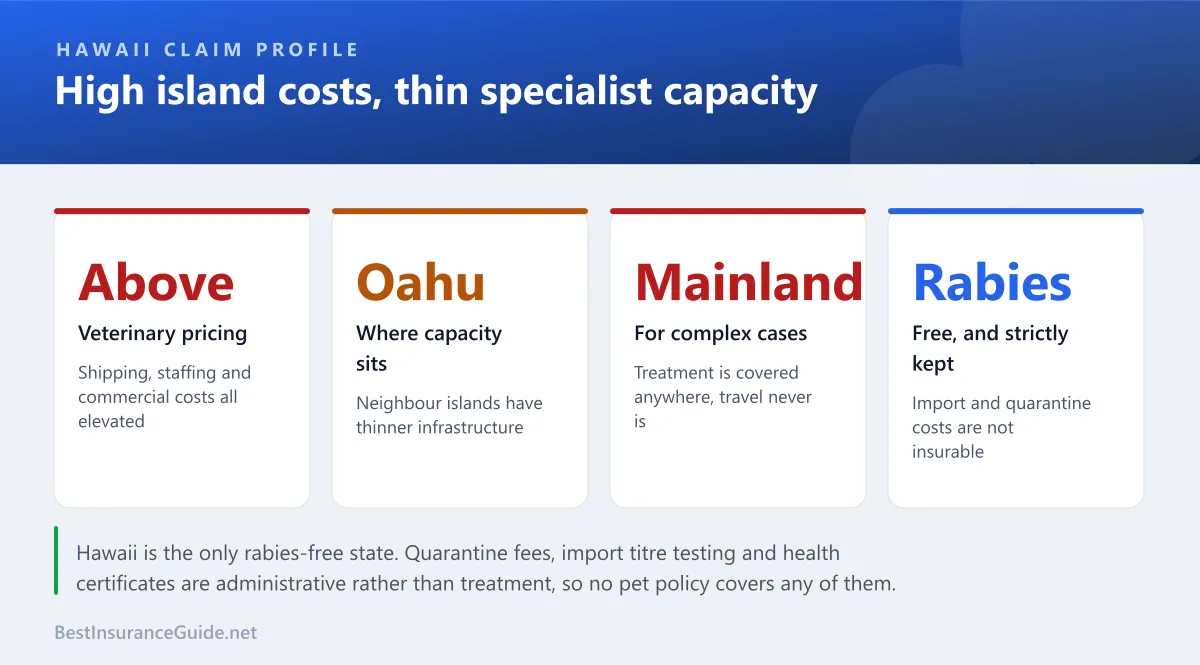 Statistics panel showing pet insurance cost drivers in Hawaii, including elevated island veterinary costs, limited specialist capacity and referral travel that no policy covers