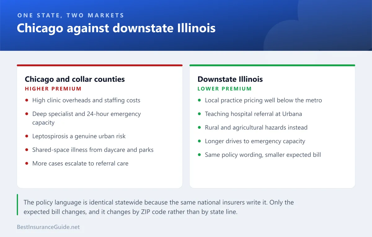Comparison panel showing how pet insurance in Chicago differs from downstate Illinois on premium, specialist access and claim profile