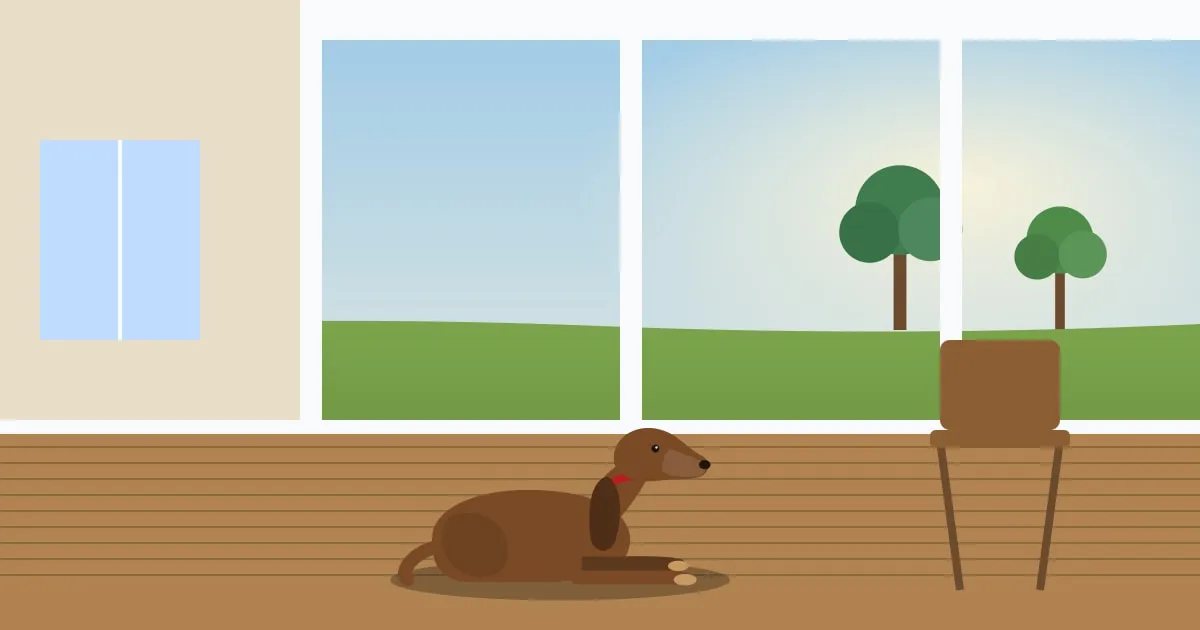 Illustration of a coonhound resting on the shaded porch of a Southern farmhouse with green fields beyond