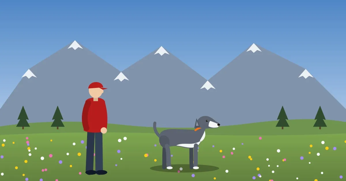 Illustration of a husky and its owner hiking an alpine trail through wildflowers below Rocky Mountain peaks