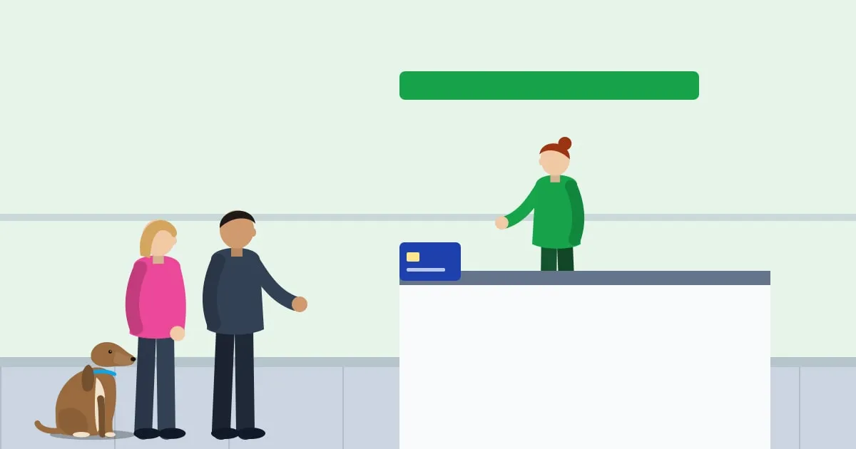 Illustration of a couple paying a vet bill at the clinic reception desk while their dog sits at their feet