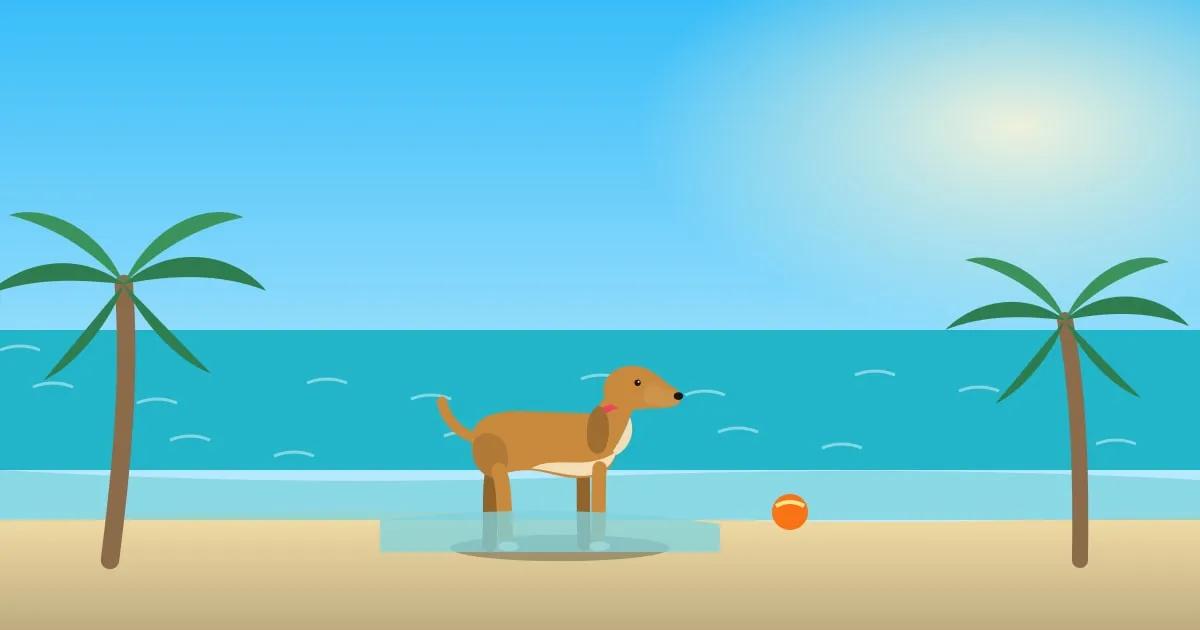 Illustration of a dog playing in shallow turquoise water at a palm-lined Florida beach