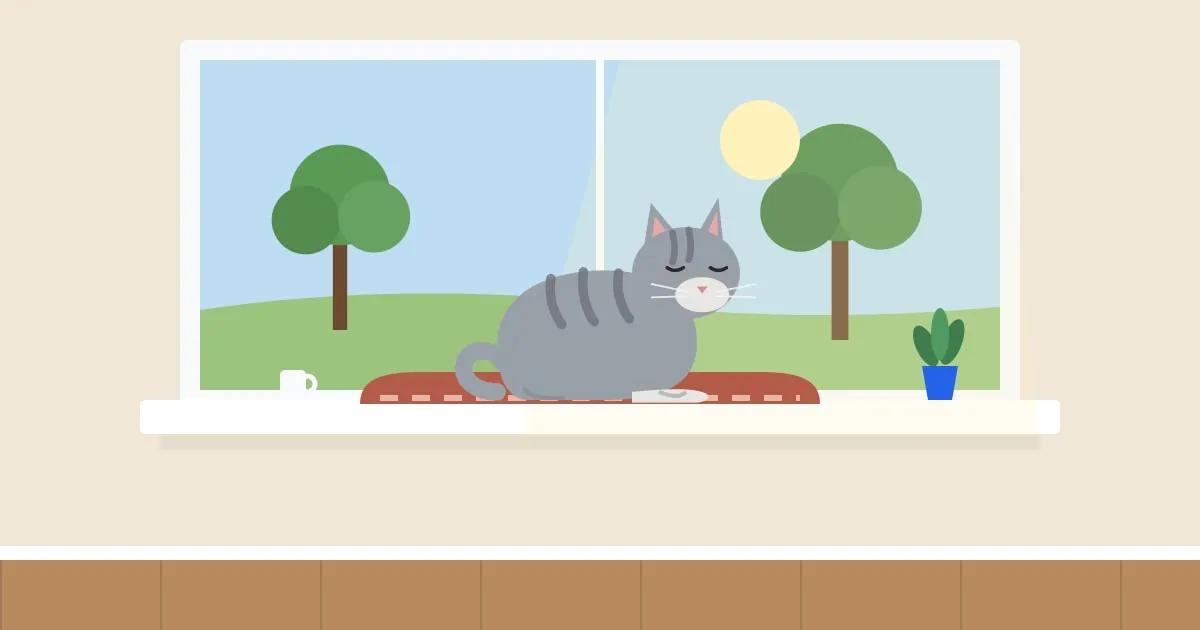 Illustration of an elderly grey cat asleep on a blanket on a sunny windowsill