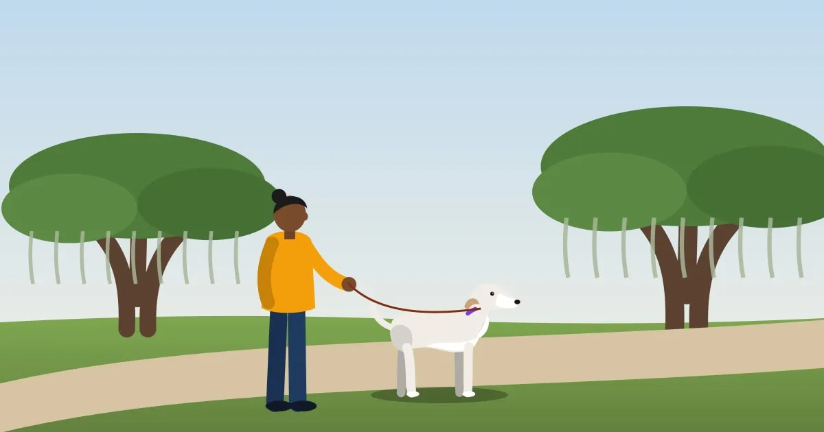 Illustration of a dog and owner walking under live oaks draped in Spanish moss in a Southern park