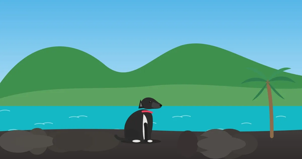 Illustration of a dog sitting on a volcanic shoreline with green mountains and a turquoise ocean behind