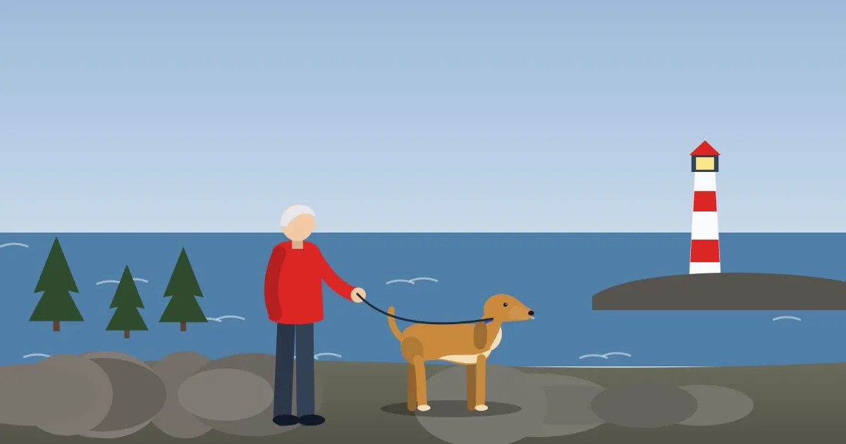 Illustration of a dog and owner walking along a rocky Maine coastline with pine trees and a lighthouse