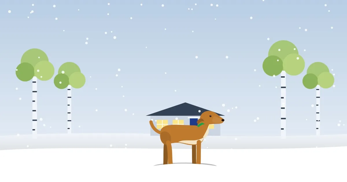 Illustration of a dog bounding through deep snow among birch trees in a Michigan backyard