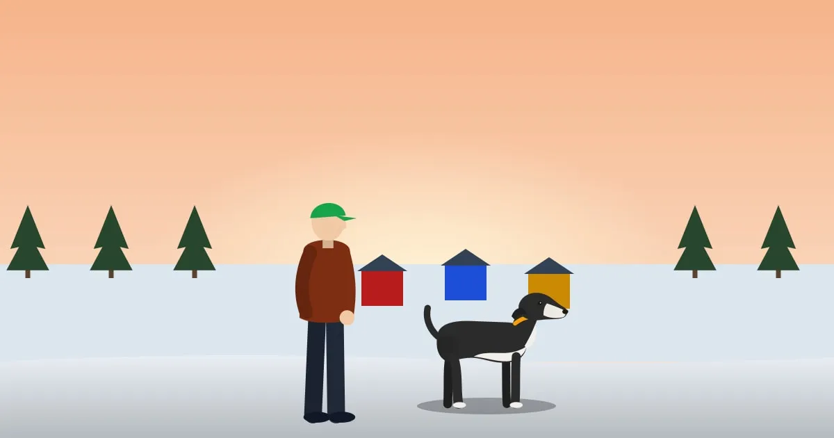 Illustration of a dog and owner beside a frozen northern lake at sunrise with pine forest and ice-fishing houses