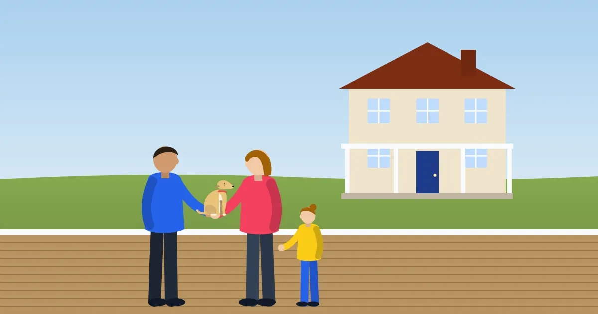 Illustration of a family welcoming a new puppy on the porch of their rural Midwestern home