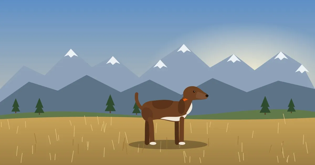 Illustration of a hunting dog standing in a golden Montana meadow below snow-capped mountains
