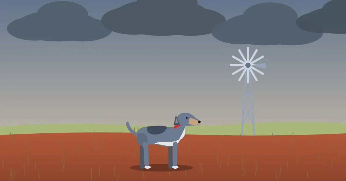 Illustration of a cattle dog running across red-dirt prairie toward a windmill under a stormy sky