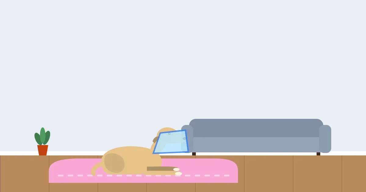 Illustration of a puppy wearing a recovery cone resting on a blanket at home after surgery