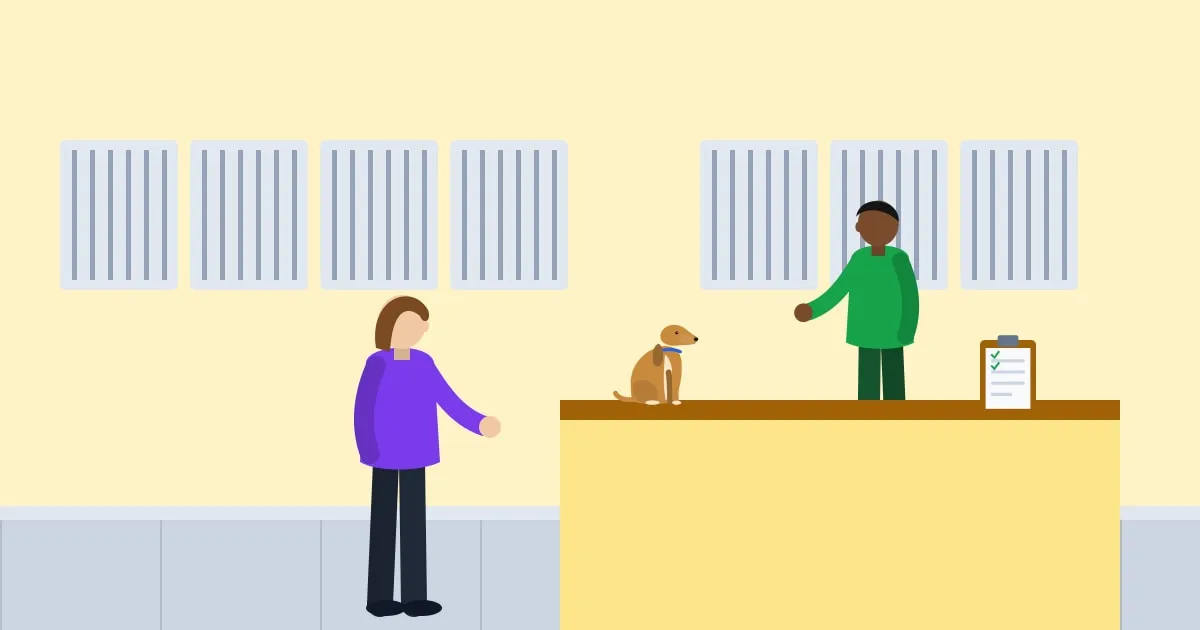 Illustration of a new owner adopting a puppy at an animal shelter desk, kennels in the background