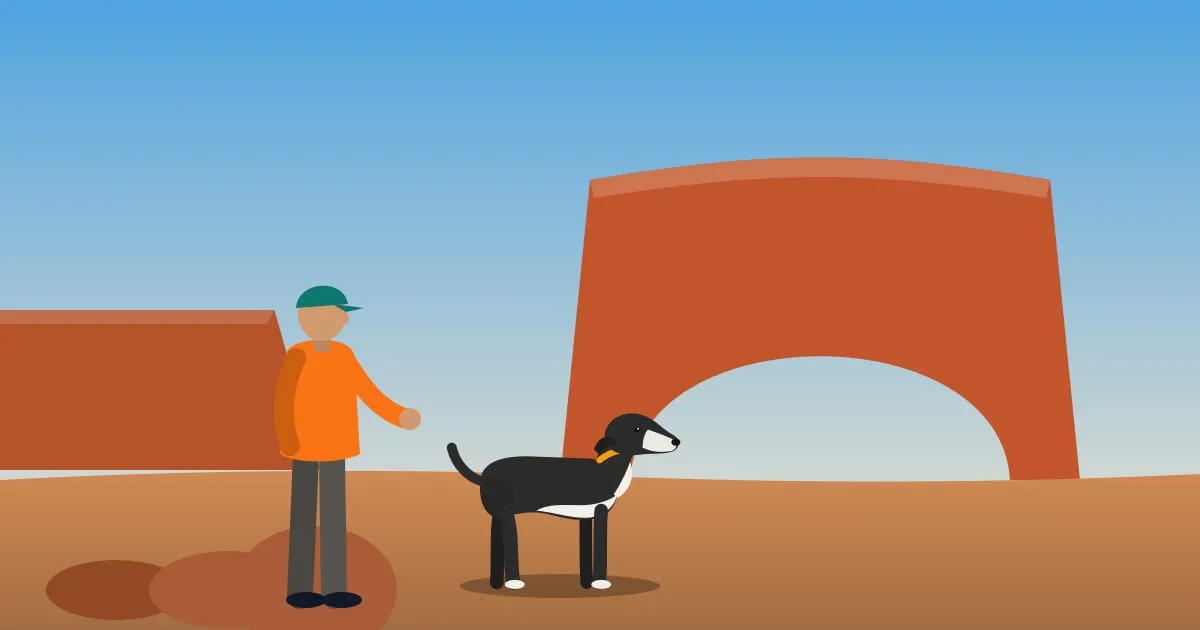 Illustration of a dog and owner on a red-rock desert trail beneath a sandstone arch