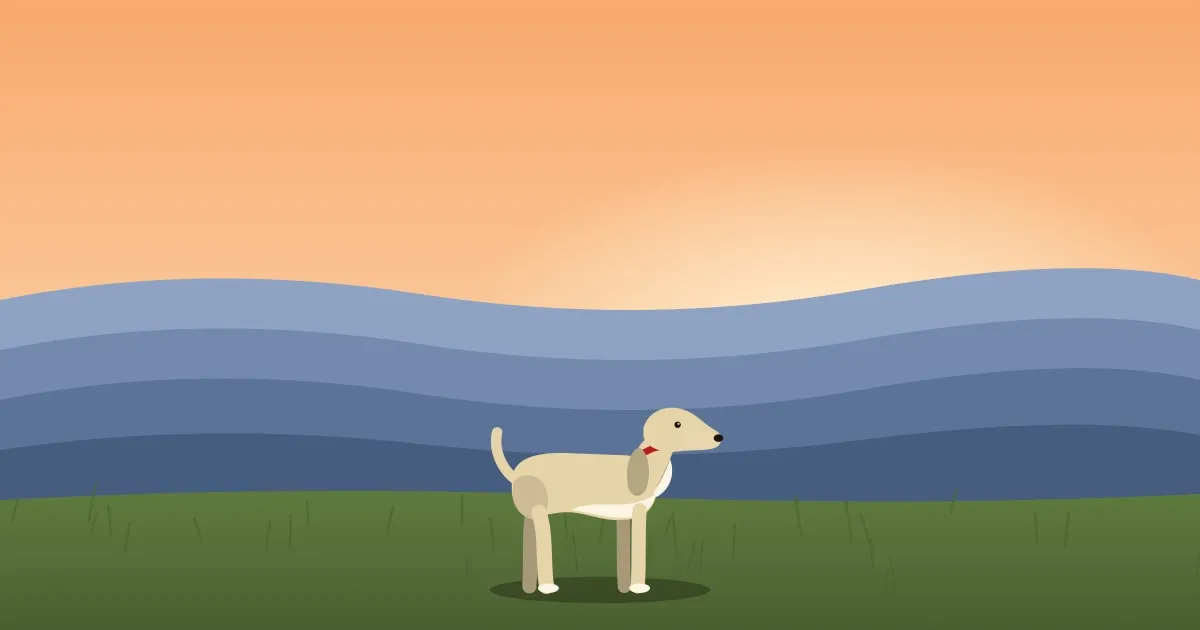 Illustration of a dog on a ridge trail with layered blue Blue Ridge Mountains at sunset