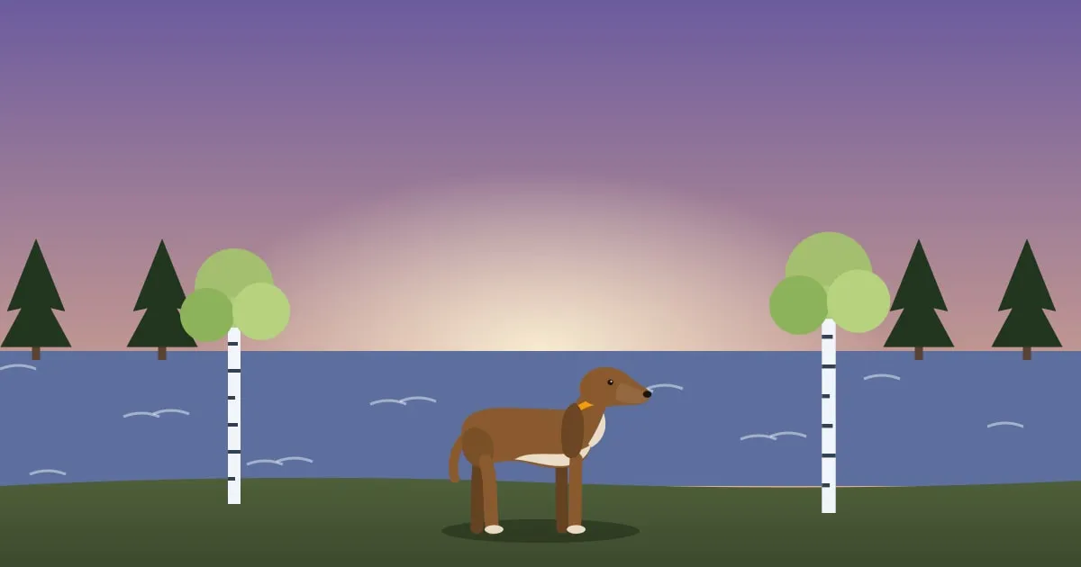 Illustration of a dog walking along a quiet Northwoods lakeshore at dusk among birch and pine trees
