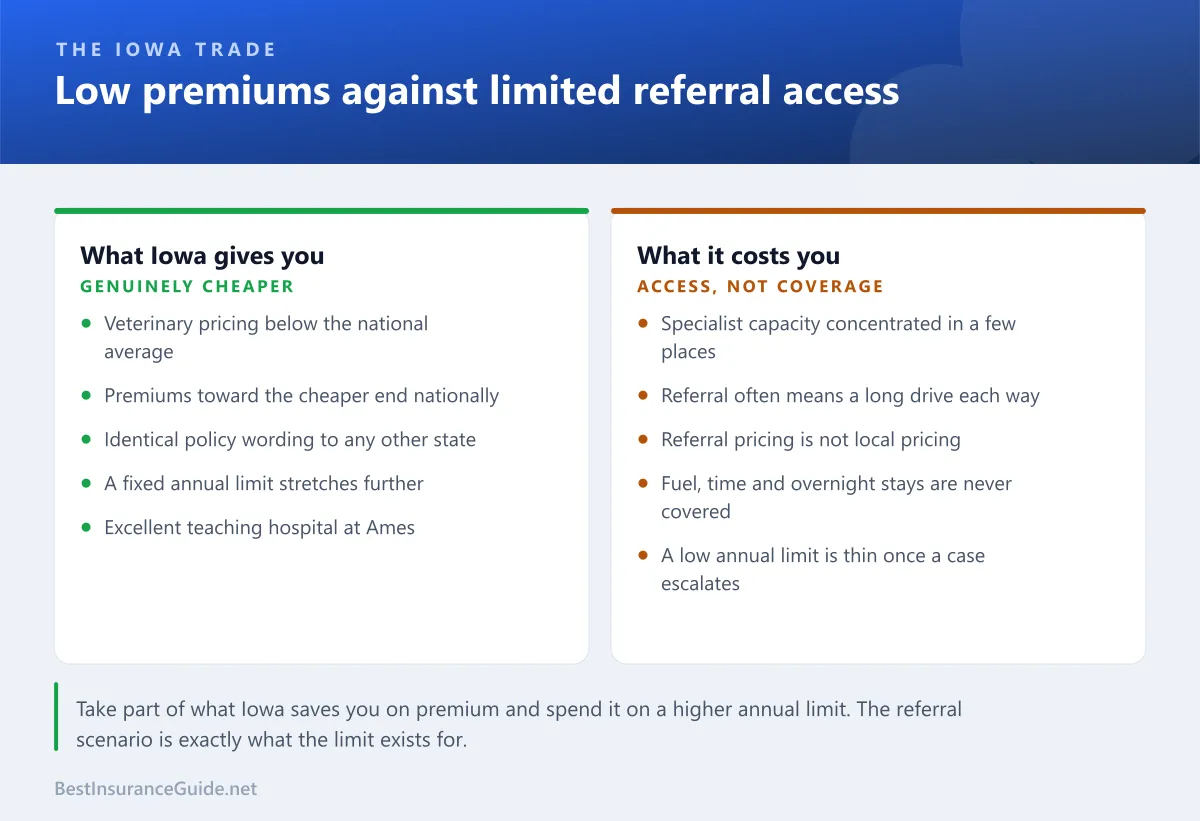 Comparison panel weighing Iowa's low premiums against limited local specialist access and the travel that referral care often requires
