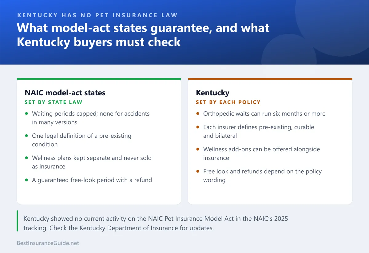 Comparison of the pet insurance protections that are written into law in NAIC model-act states with what Kentucky buyers must check for themselves