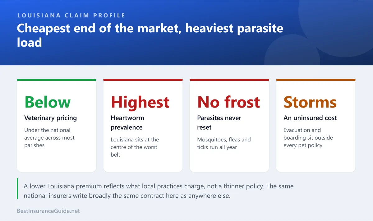 Statistics panel showing pet insurance cost drivers in Louisiana, including below-average veterinary pricing, continuous parasite pressure and coastal storm exposure