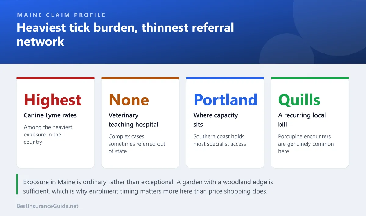 Statistics panel showing pet insurance cost drivers in Maine, including southern coastal pricing, limited referral capacity and the country's heaviest tick burden