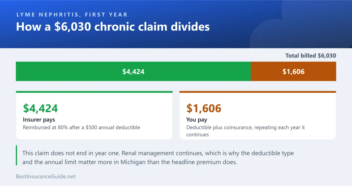 Split showing how a $6,030 Michigan Lyme nephritis claim divides between the insurer and the owner