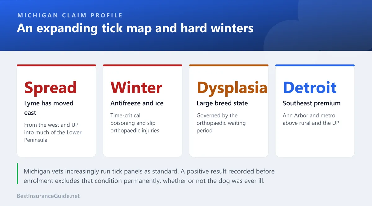 Statistics panel showing pet insurance cost drivers in Michigan, including metro veterinary pricing, referral hospital density and spreading tick-borne disease