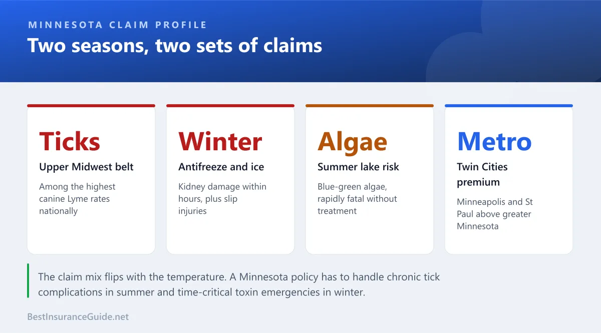Statistics panel showing the drivers of pet insurance pricing in Minnesota, including Twin Cities veterinary costs, referral hospital density and tick-borne disease frequency