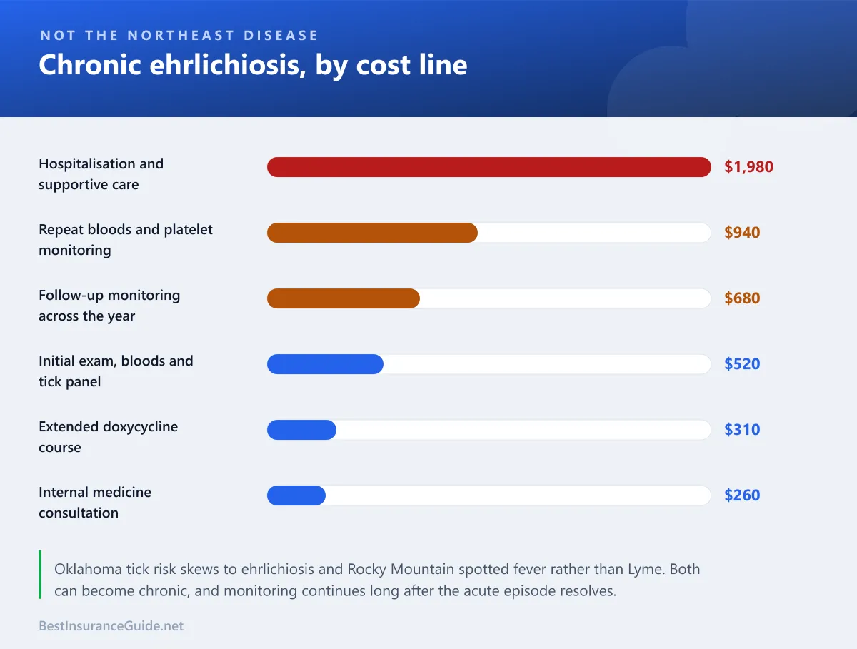 Bar chart breaking an Oklahoma tick-borne disease claim into its cost lines, with hospitalisation and repeat diagnostics the largest components