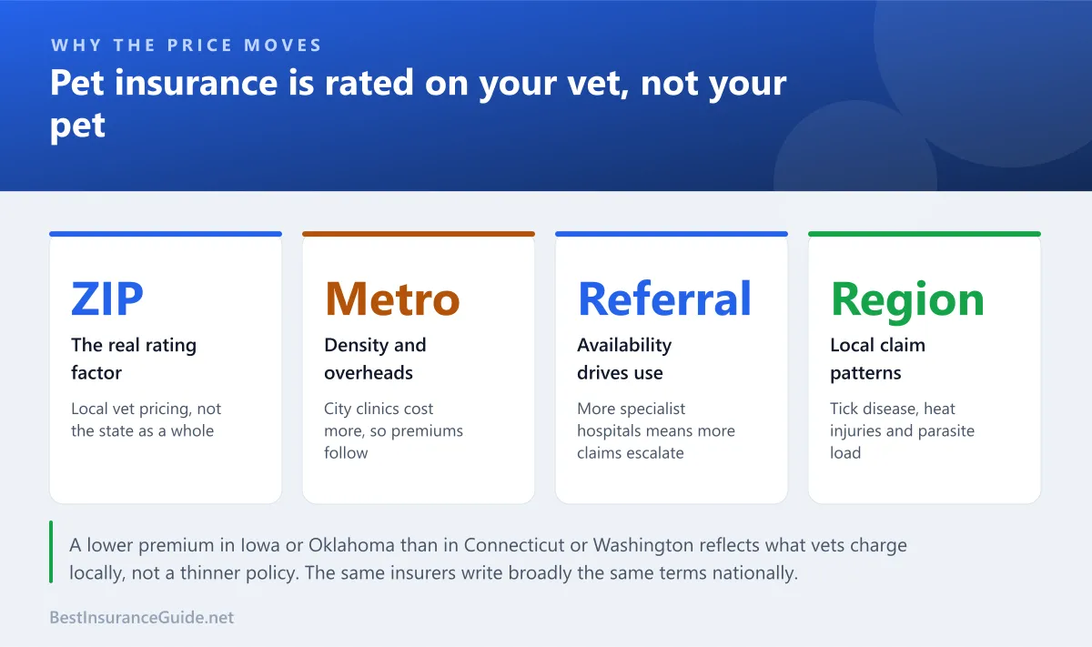 Statistics panel showing the main drivers of pet insurance pricing by state: local veterinary costs, metro density, specialist availability and claim frequency